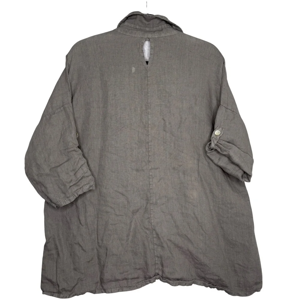 Meo Meli Italy Linen Button Up Shirt Top Roll Tab Sleeve Gray Brown READ - Picture 2 of 6